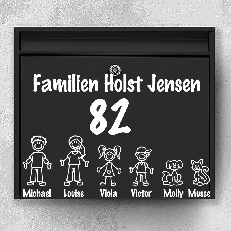 Mailbox name sign - line drawings of family and pets in a row, space for family name - weatherproof vinyl