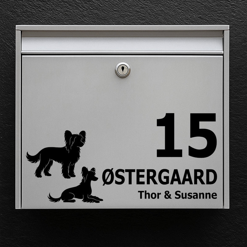Mailbox sticker with Chinese Crested motif - personalized name/house number label in weatherproof vinyl