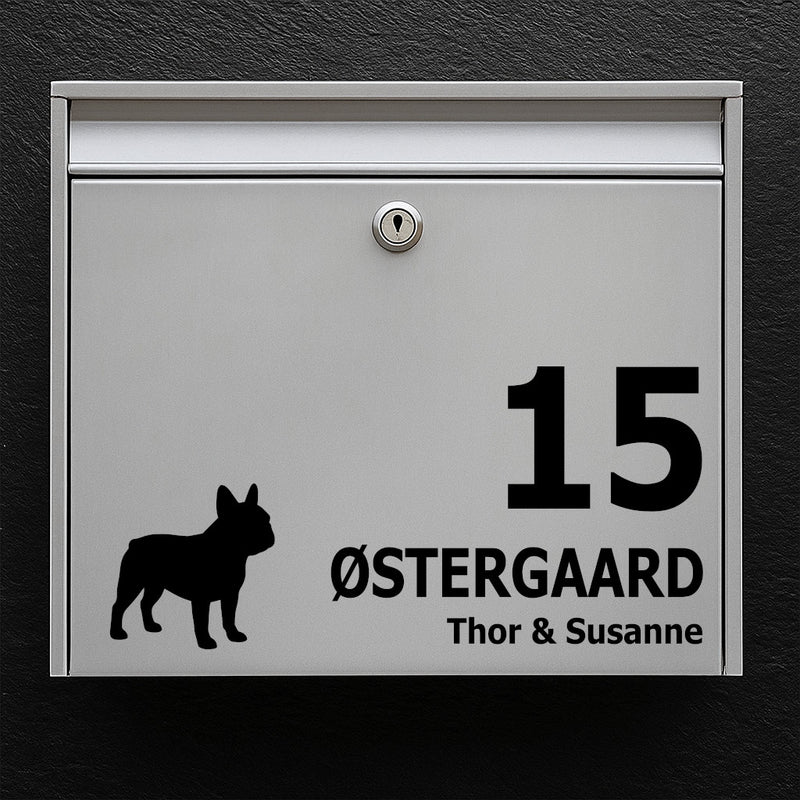 Name sign for mailbox - dog motif: French bulldog - customize name and house number - robust outdoor sticker