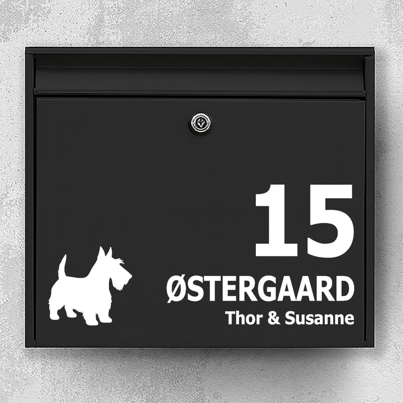 Scottish Terrier Silhouette Mailbox Sticker - Personalised Name and House Number Label - Weatherproof Vinyl