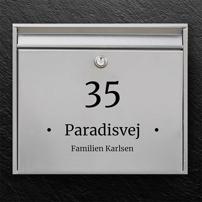 Mailbox sticker in elegant serif - clear number, street name in the middle and family text - robust outdoor label