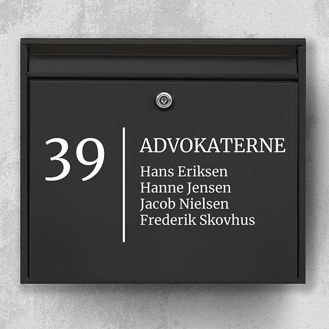 Company sign for mailbox - large house number, vertical divider and company name with employee list - weatherproof vinyl