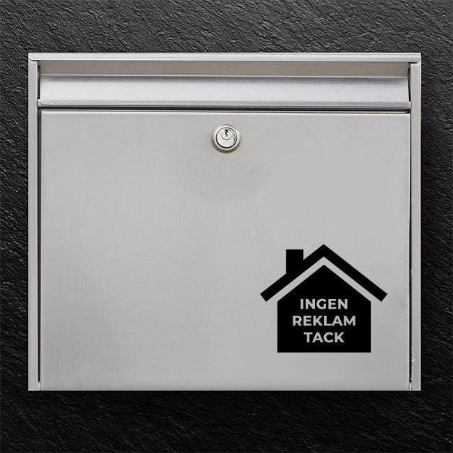 Mailbox sticker with house icon – “No ads, please” on silver mailbox