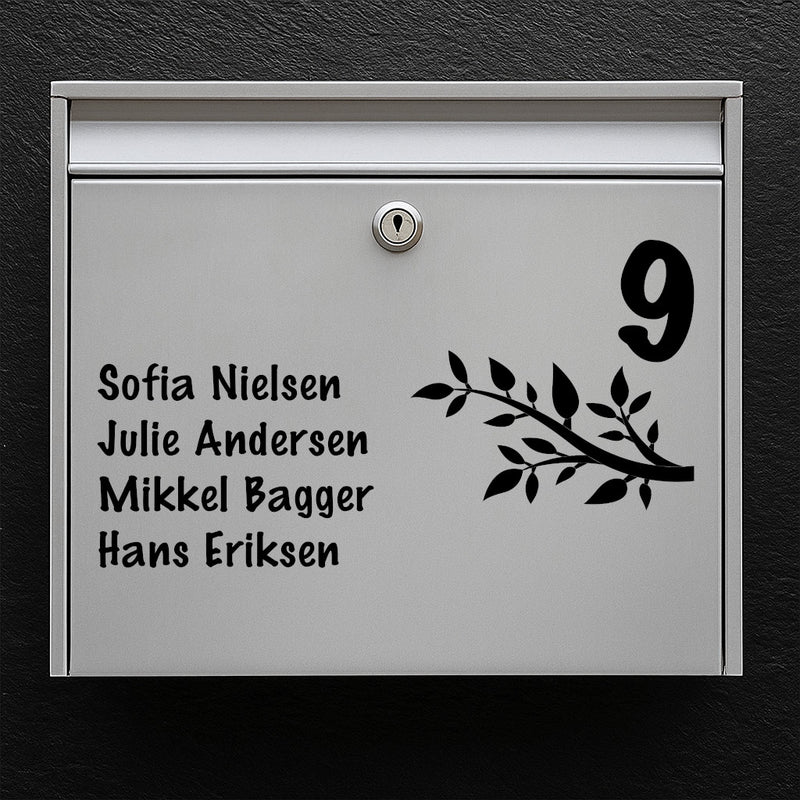 Mailbox name sign with branch and leaf motif - large house number and multi-line name list - weatherproof vinyl