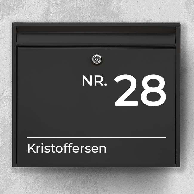 Minimalist mailbox name sign – “No.” + large house number, horizontal line and surname in sans serif – weatherproof vinyl