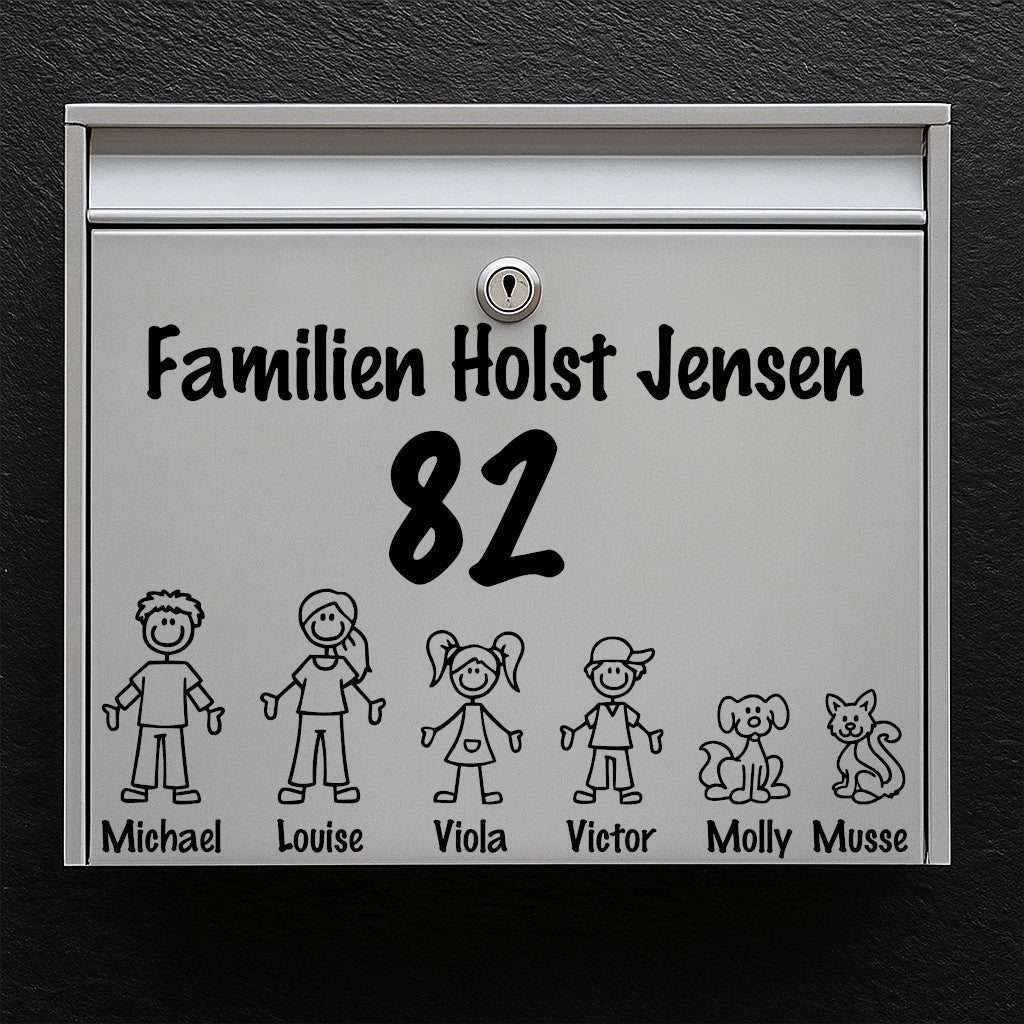 Mailbox name sign - line drawings of family and pets in a row, space for family name - weatherproof vinyl