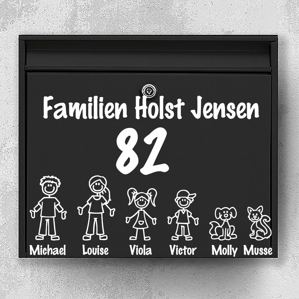 Mailbox name sign - line drawings of family and pets in a row, space for family name - weatherproof vinyl