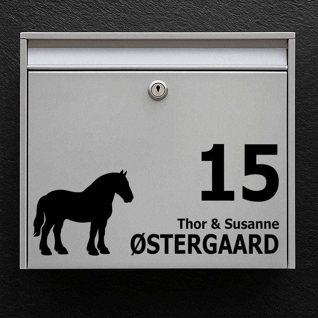 Nameplate for mailbox - horse motif: Belgian - customize name and house number - robust outdoor sticker