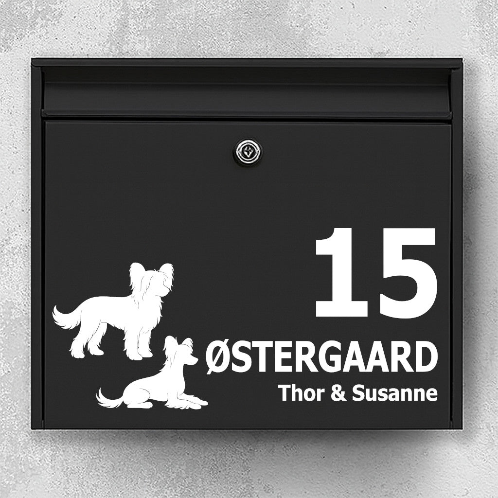 Mailbox nameplate - silhouettes of Chinese Crested dogs, custom text in clear typography - robust outdoor sticker