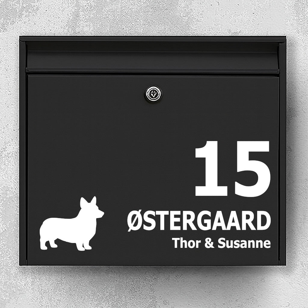 Name sign for mailbox - dog motif: corgi - customize name and house number - robust outdoor sticker