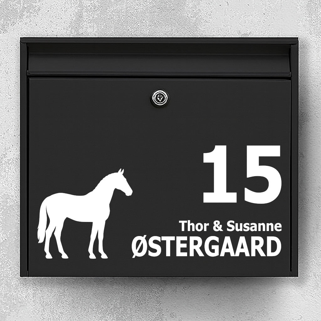 Mailbox sticker with Danish warmblood in silhouette - custom name and house number label - weatherproof vinyl