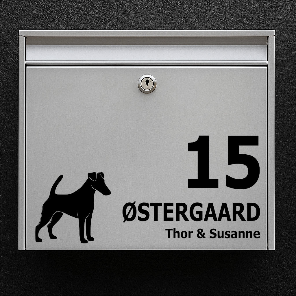 Nameplate/label for mailbox - dog motif: smooth-haired fox terrier - personal text in clear, readable typography