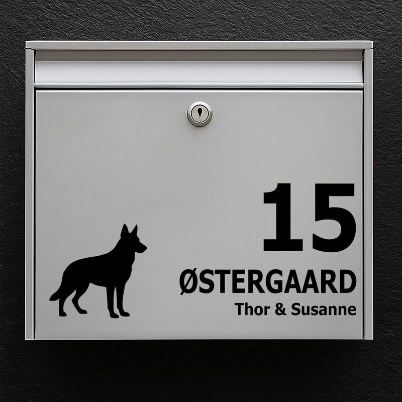 Nameplate for mailbox - dog motif: German Shepherd - customize name and house number - robust outdoor sticker