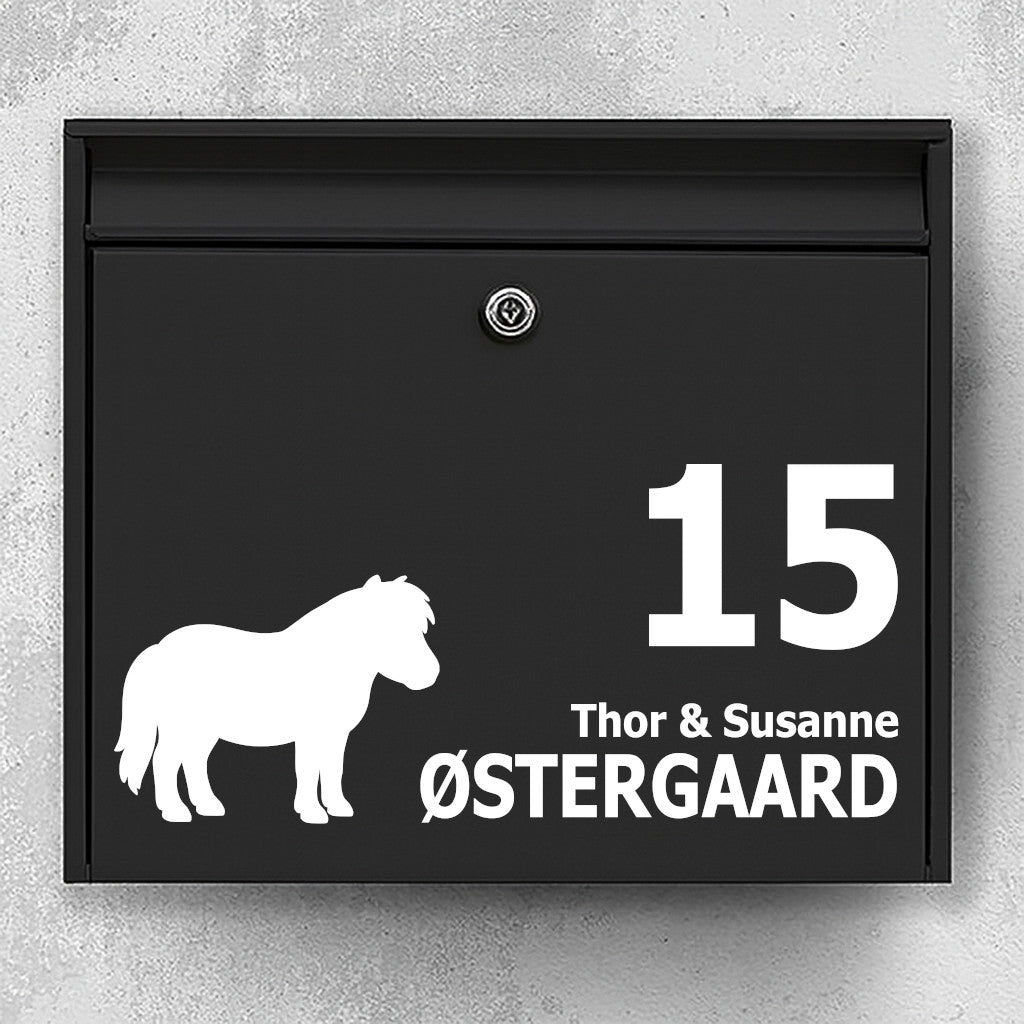Mailbox sticker with Shetland pony silhouette - personalized name and house number - weatherproof vinyl