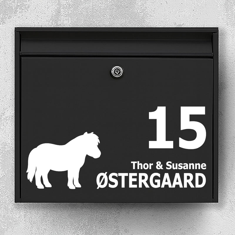 Brievenbussticker met Shetlandpony-silhouet - gepersonaliseerde naam en huisnummer - weerbestendig vinyl