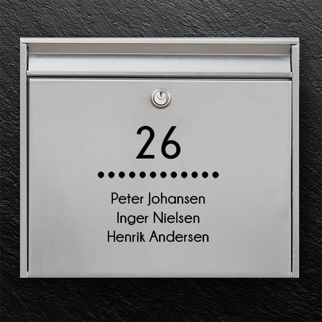 Minimalist mailbox label - clear number at the top, decorative dotted line and space for multiple names - robust outdoor sticker