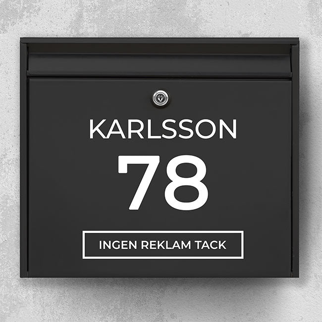 Mailbox name sign with last name at the top, large house number and marked “No advertising, please” box – weatherproof vinyl