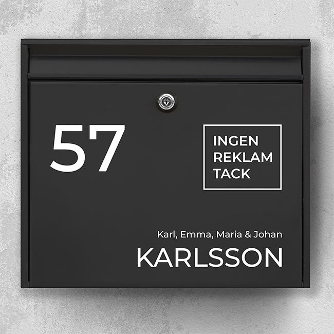 Mailbox nameplate - modern layout with numbers on the left, family text and icon "No advertising, please" - robust outdoor sticker