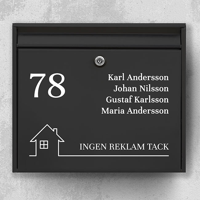 Classic mailbox label – numbers on the left, clear name list and bottom field with “No advertising, please” – robust outdoor sticker