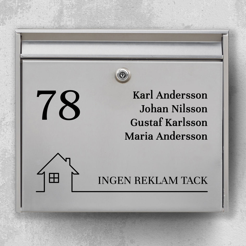 Mailbox name sign with large house number, multi-line name list and house icon with the text “No advertising, please” – weatherproof vinyl