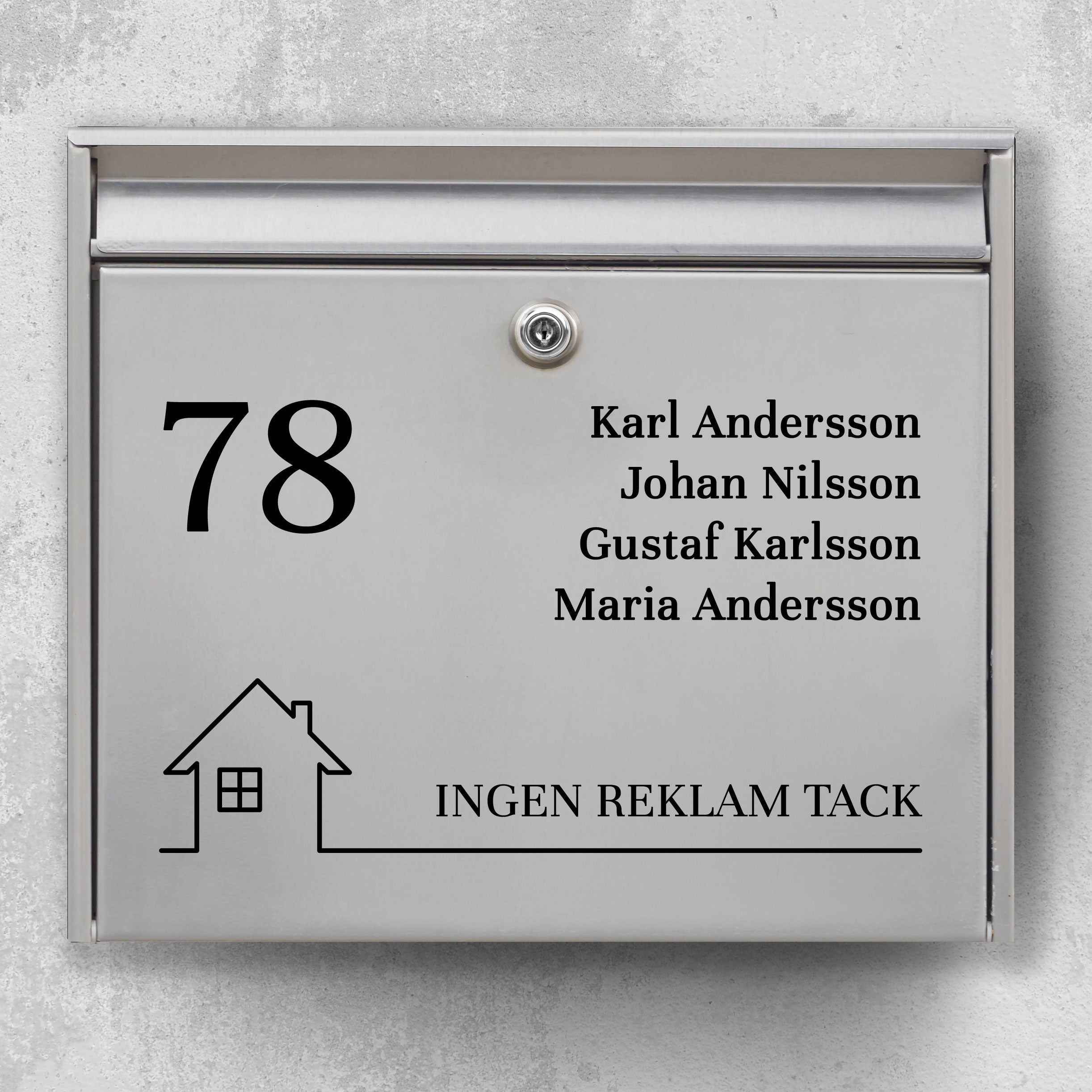 Mailbox name sign with large house number, multi-line name list and house icon with the text “No advertising, please” – weatherproof vinyl