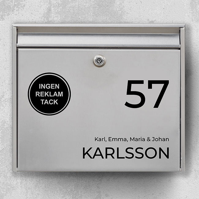Mailbox label with large house number, last name and round tag “No advertising, please” – modern, weatherproof vinyl