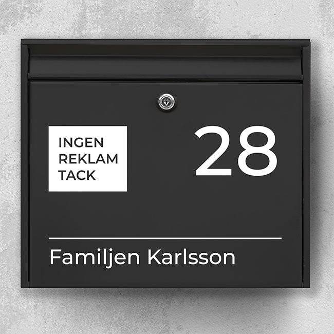Modern mailbox label – square icon “No ads, please”, clear number and underlined field for family name – robust outdoor sticker