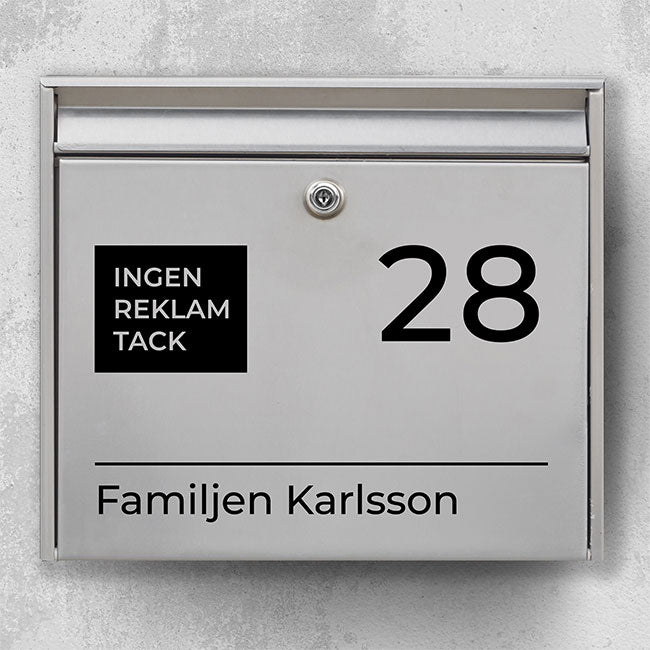 Mailbox name sign with large house number, black badge “No advertising, please” and line with family name – modern, weatherproof vinyl
