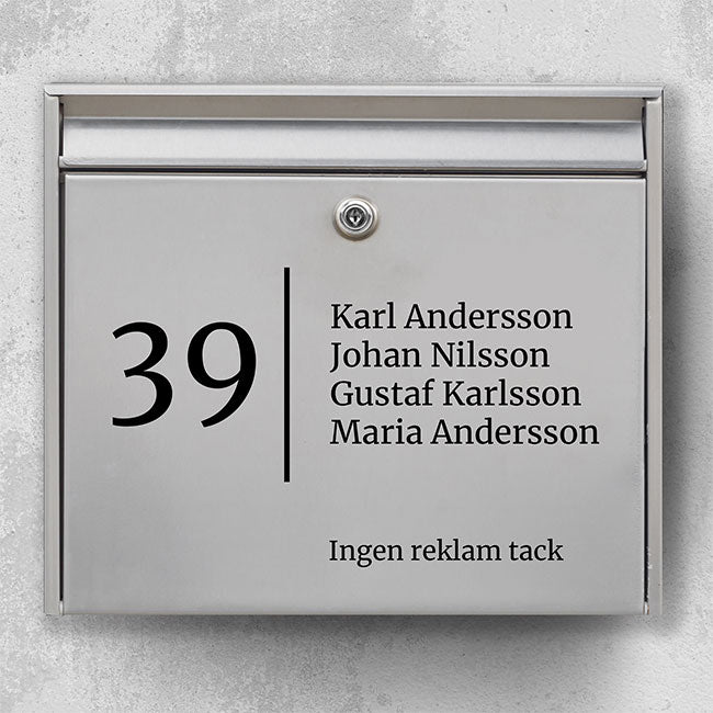 Mailbox name sign with large house number, vertical divider, name list and “No advertising, please” field – weatherproof vinyl