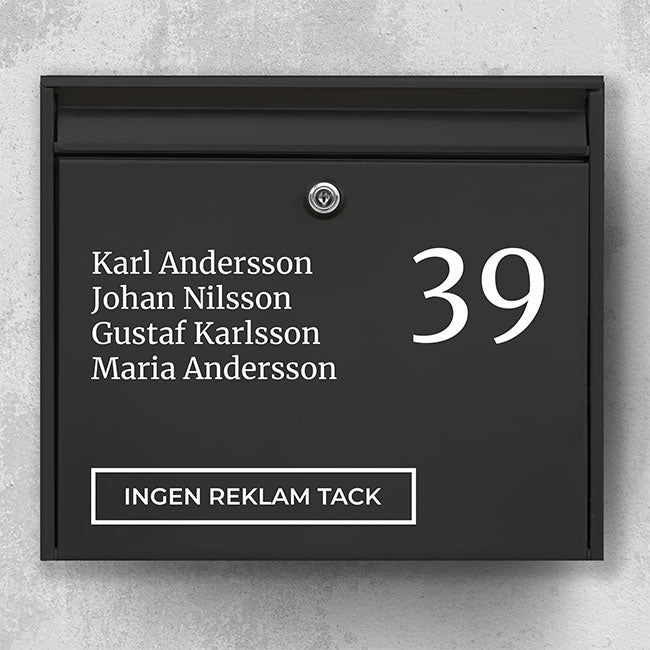 Mailbox name sign with large house number on the right, name list in serif and badge “No advertising, please” – weatherproof vinyl