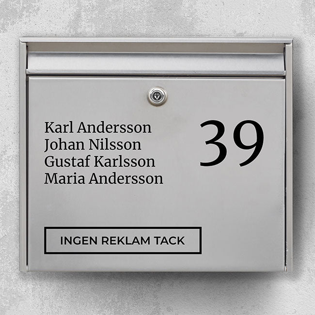 Modern mailbox label – multiple lines of resident names, clear house number and framed field “No advertising, please” – robust outdoor sticker