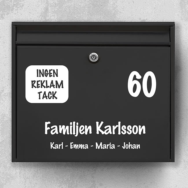 Handwritten look mailbox label - large house number, family name and badge "No advertising, please" - weatherproof vinyl