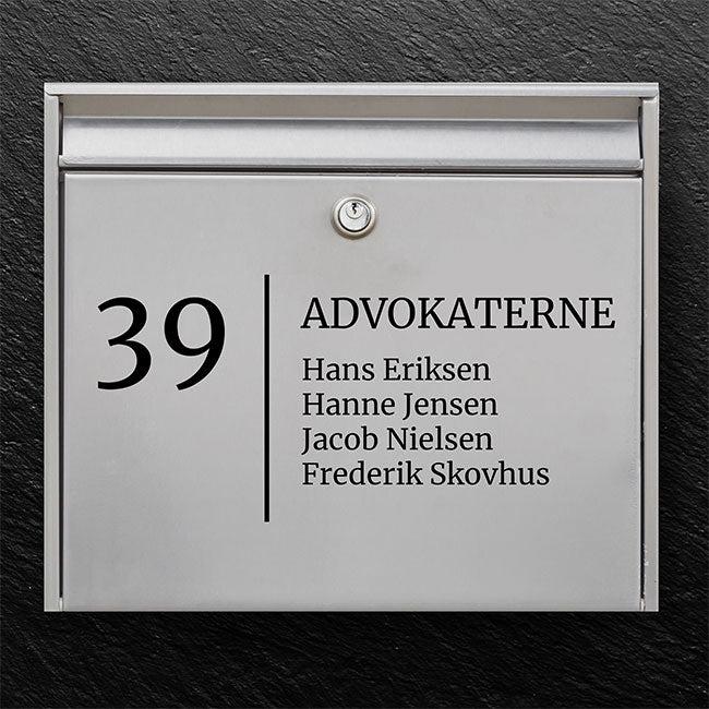 Professional office mailbox label - clear number and company name with multi-line name list - robust outdoor sticker