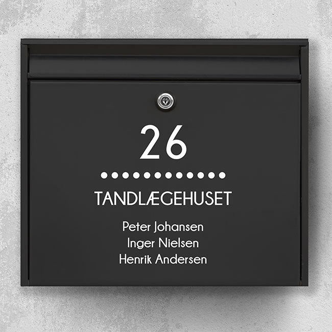 Mailbox sticker – centered house number, dotted line & company name (with name list)