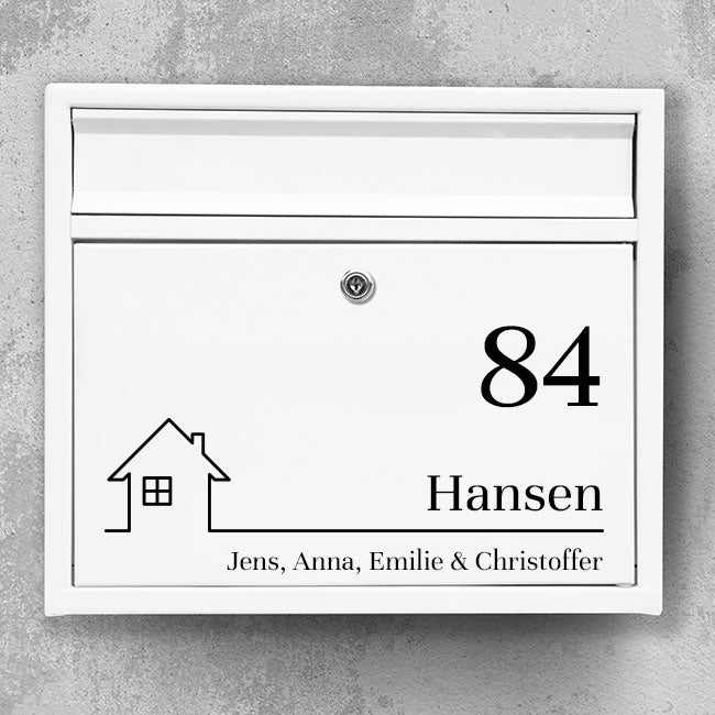 Mailbox nameplate - minimalist house outline, clear number and space for family names - robust outdoor label