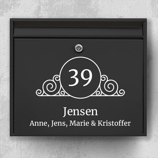 Mailbox nameplate with round emblem and decorative swirls - large house number, last name and family line - weatherproof vinyl