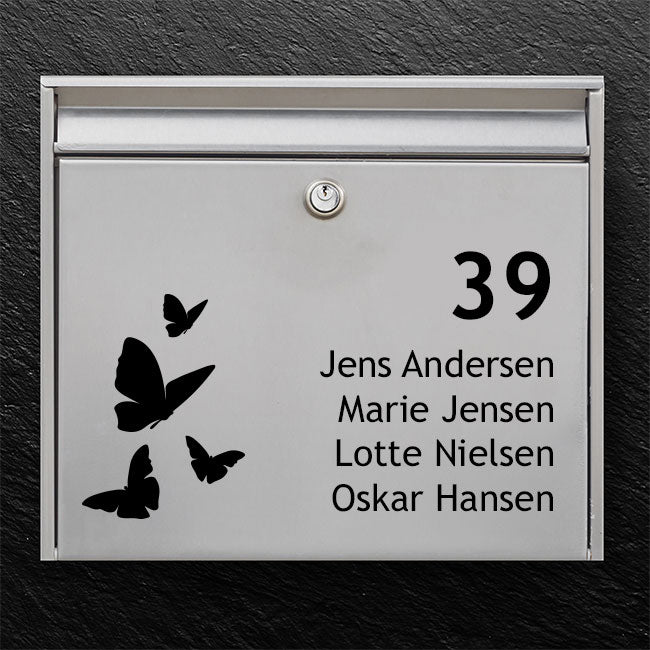 Decorative nameplate for mailbox - silhouettes of butterflies, clear typography and space for name/number - outdoor label