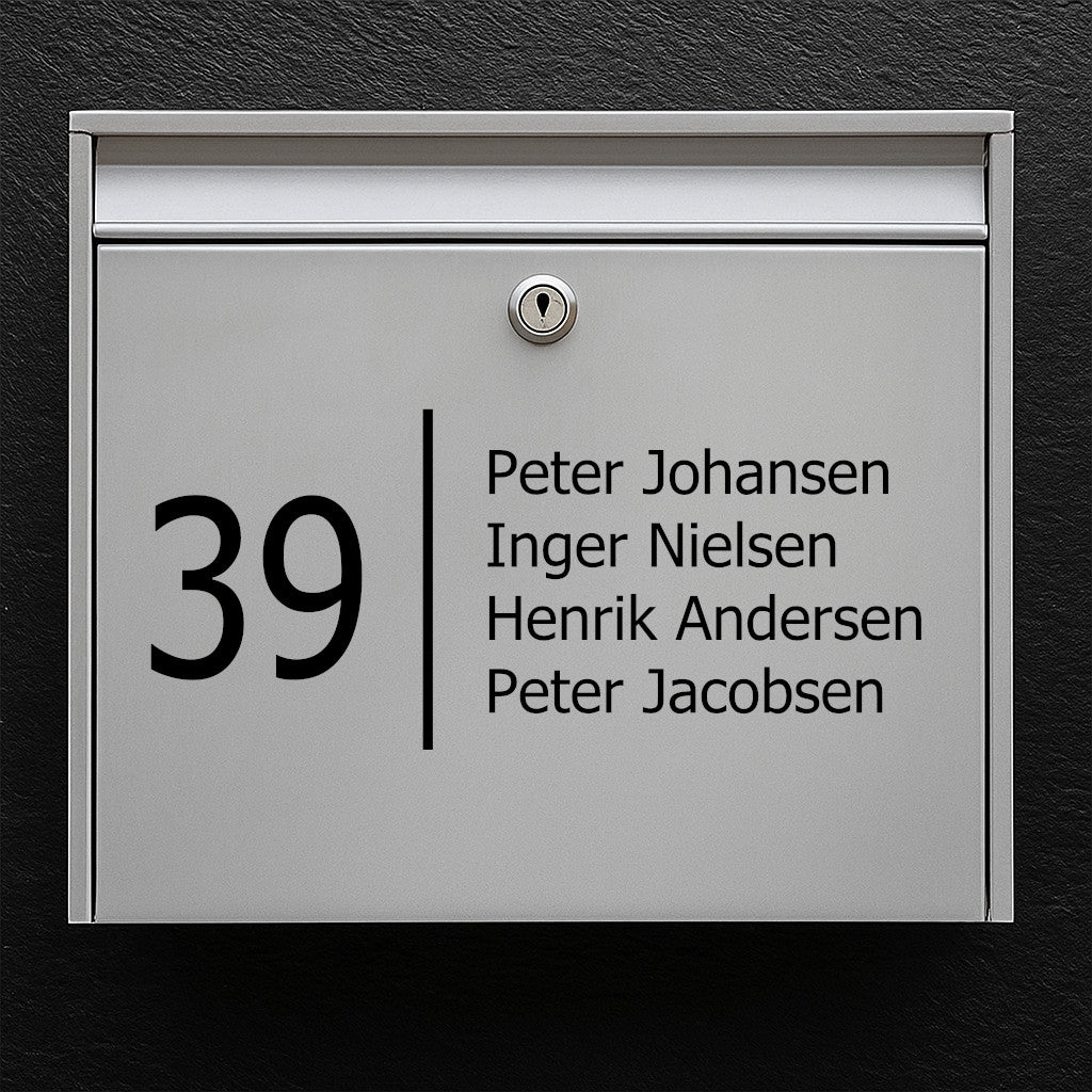 Nameplate for mailbox - modern layout with numbers and vertical line - space for multiple names - robust outdoor sticker