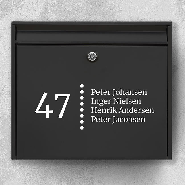 Mailbox name sign with large house number, vertical row of dots as a divider and multi-line name list - weatherproof vinyl