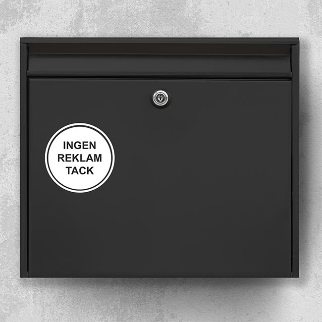 Mailbox with round “No advertising, please” sign – white circle on black door, weatherproof sticker