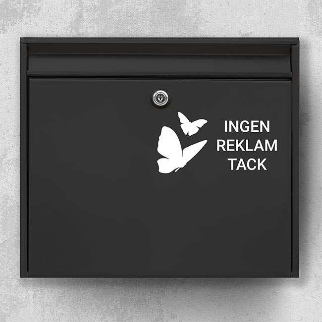 Advertising-free mailbox sticker in black graphics: two butterflies and the text "No advertising, please" - decorative no-ads sign