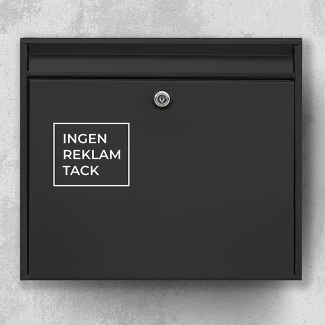 Mailbox sticker “No ads, please” – white square frame on black mailbox, clear no-ads badge