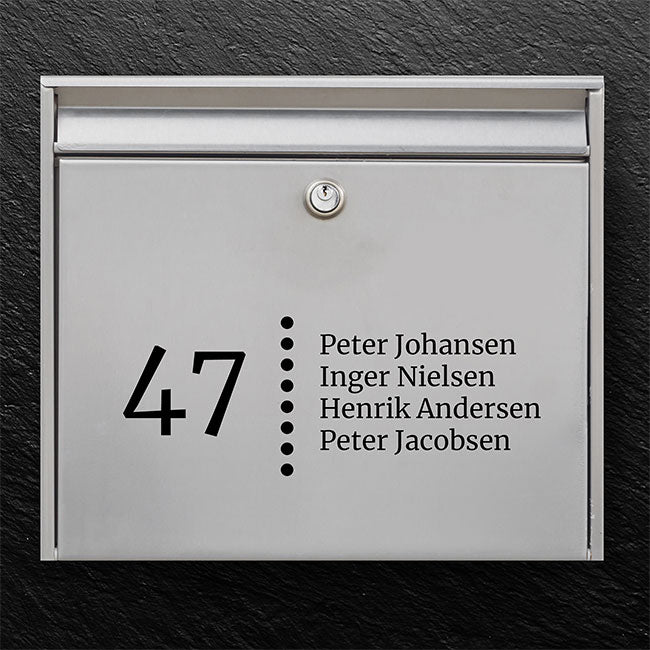 Modern mailbox label – clear number on the left, dotted vertical divider and multiple name list – robust outdoor sticker