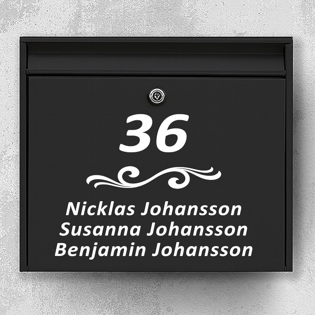 Classic style mailbox label - decorative swirls, large house number and space for multiple family names - sturdy vinyl sticker