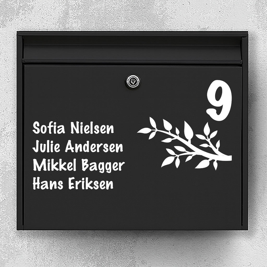 Modern mailbox label – botanical branch illustration, clear typography and space for name/number – robust outdoor sticker