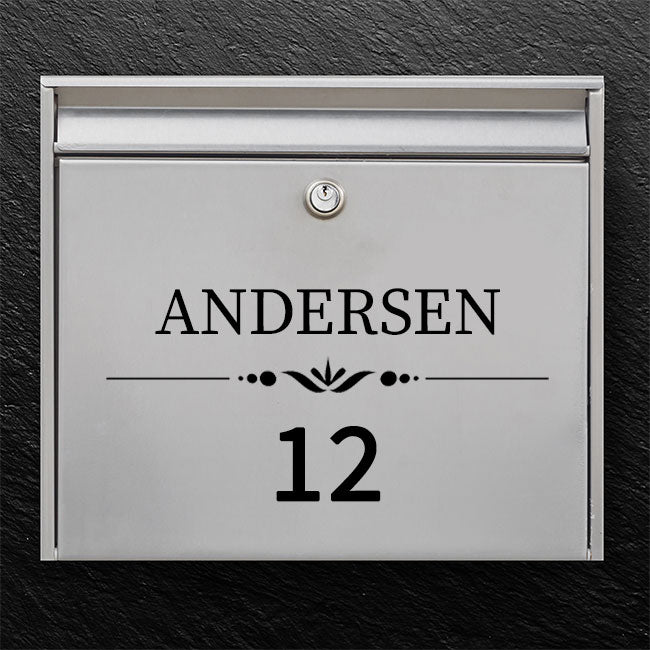 Mailbox label in classic design - ornamented separator, clear number and surname - robust, self-adhesive sticker