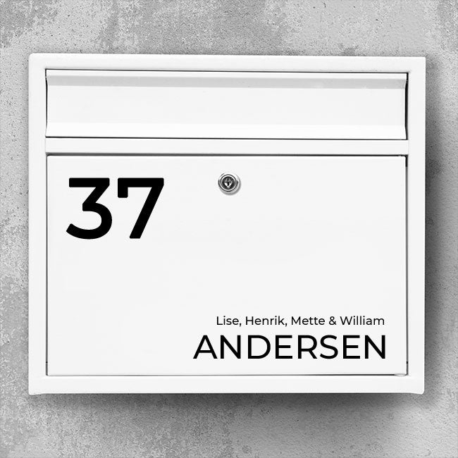 Nameplate for mailbox - modern layout with large number and last name at the bottom, room for multiple names - outdoor sticker