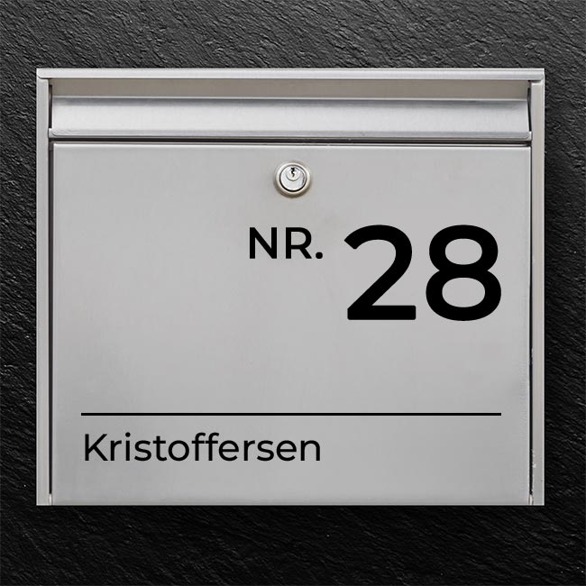 Modern mailbox label with clear number and surname under underlined field - robust outdoor sticker