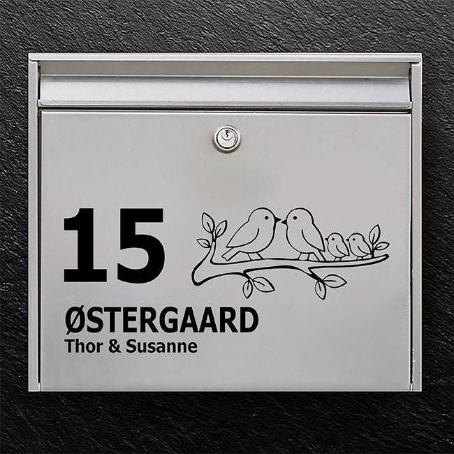 Name sign for mailbox - motif with bird family on branch - customize name and house number - outdoor quality