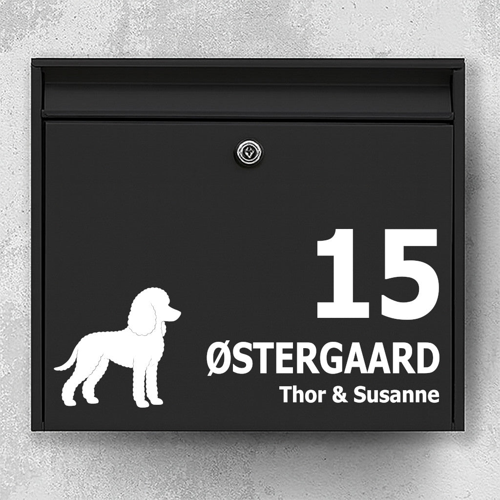 Nameplate for mailbox - dog motif: poodle - personalized text in several lines - robust outdoor sticker